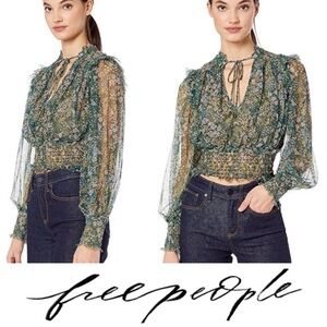 Free People Twyla Printed Floral Emerald Green Smocked Crop Top Blouse